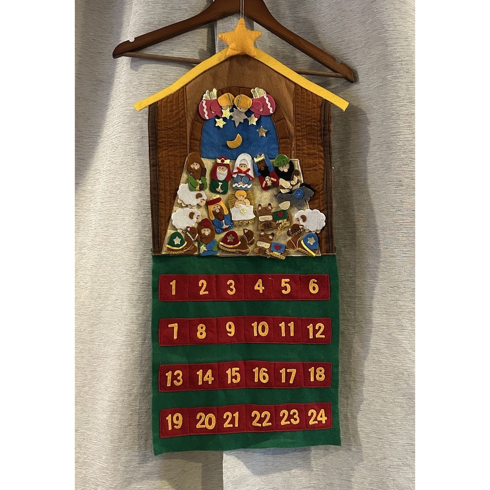 Vintage Handmade Felt Countdown To Christmas Nativity Advent Calendar Wall Decor